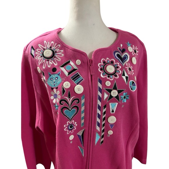 Bob Mackie Wearable Art Zip Front Cardigan Embroidered & Buttons Sz XL - Picture 2 of 9